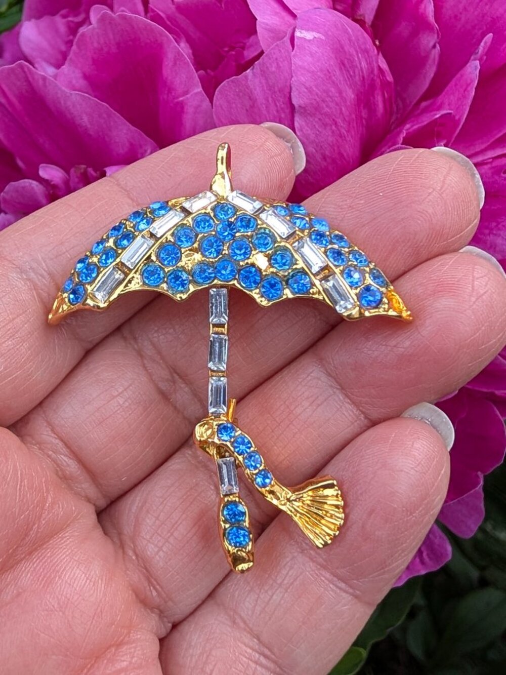 Gold-Tone Umbrella Brooch - Blue and Clear Czech Crystals